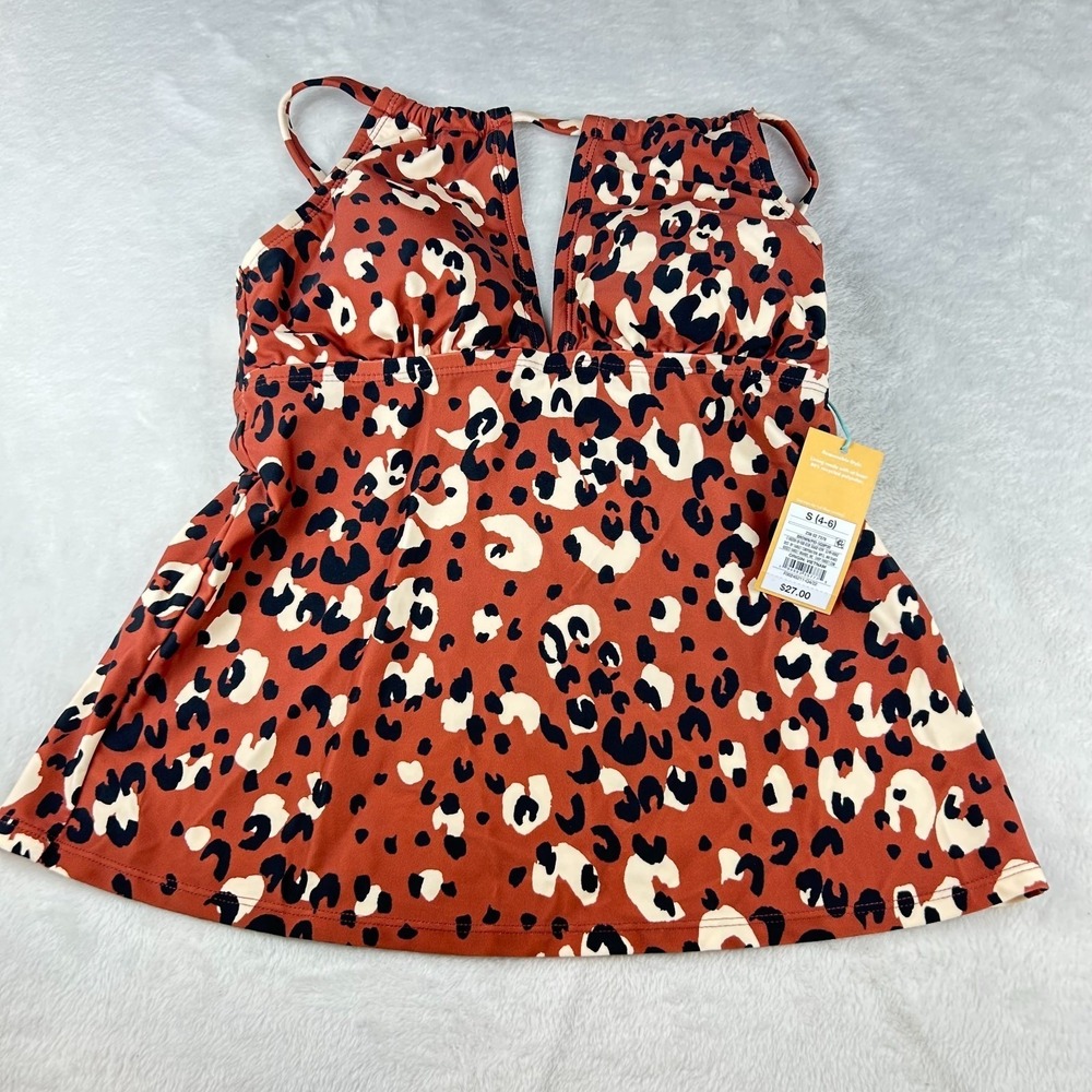 Kona Sol Tankini Top Womens S Brown Leopard Print Keyhole Neck Adjustable Straps